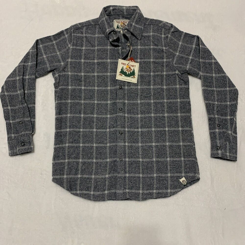 Free Planet Plaid Flannel Shirt Men's Small Gray Button Up Casual